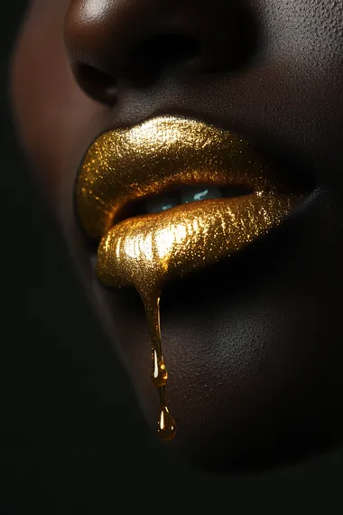 A pair of lips with gold lipstick, dripping liquid gold onto the skin. The background is black and dark gray, creating a high-contrast effect. A close-up shot captures only half the face of an African woman's mouth. Surrealist style.