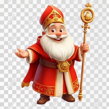 smart friendly Saint-Nicholas carrying a golden staff in red robes, pixar style, on a white background, happy, smiling, amazing
