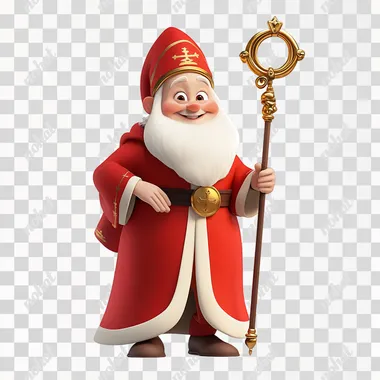 smart friendly Saint-Nicholas carrying a golden staff in red robes, pixar style, on a white background, happy, smiling, amazing