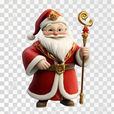 smart friendly Saint-Nicholas carrying a golden staff in red robes, pixar style, on a white background, happy, smiling, amazing