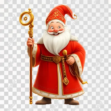 smart friendly Saint-Nicholas carrying a golden staff in red robes, pixar style, on a white background, happy, smiling, amazing