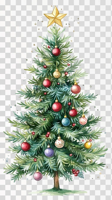 illustration of a christmas tree with baubles and twinkling fairy lights, watercolor, handpainted, children book illustration, isolated on white background, png transparent image
