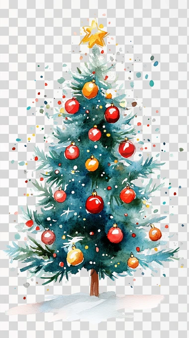 illustration of a christmas tree with baubles and twinkling fairy lights, watercolor, handpainted, children book illustration, isolated on white background, png transparent image