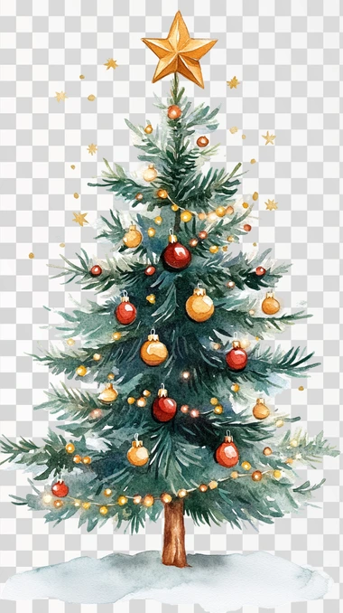 illustration of a christmas tree with baubles and twinkling fairy lights, watercolor, handpainted, children book illustration, isolated on white background, png transparent image