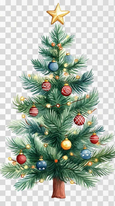 illustration of a christmas tree with baubles and twinkling fairy lights, watercolor, handpainted, children book illustration, isolated on white background, png transparent image