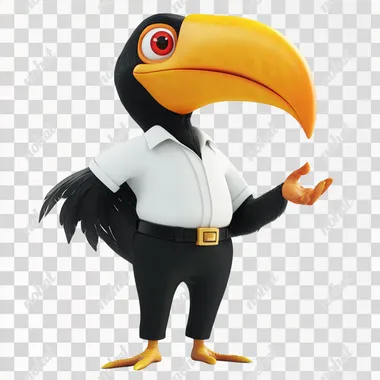 A full-body 3D animated mascot of a hornbill (rangkong) designed in a friendly and approachable style, with exaggerated features like a large, bright yellow casque on its beak, big expressive red eyes, and a slightly anthropomorphized body that stands upright. The mascot is wearing a white shirt tucked into black pants, with a visible belt buckle, symbolizing professionalism, simplicity, and elegance. The mascot retains its key black and white feather colors, with touches of bright orange on the casque. It should be depicted in a dynamic pose, with one wing raised as if waving, and a big, welcoming smile. The background should remain simple, keeping the focus on the full-body mascot.