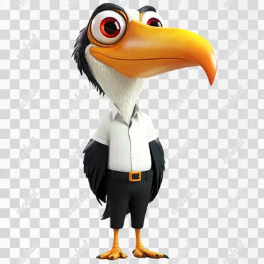 A full-body 3D animated mascot of a hornbill (rangkong) designed in a friendly and approachable style, with exaggerated features like a large, bright yellow casque on its beak, big expressive red eyes, and a slightly anthropomorphized body that stands upright. The mascot is wearing a white shirt tucked into black pants, with a visible belt buckle, symbolizing professionalism, simplicity, and elegance. The mascot retains its key black and white feather colors, with touches of bright orange on the casque. It should be depicted in a dynamic pose, with one wing raised as if waving, and a big, welcoming smile. The background should remain simple, keeping the focus on the full-body mascot.