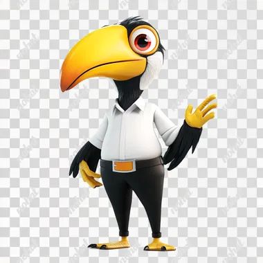 A full-body 3D animated mascot of a hornbill (rangkong) designed in a friendly and approachable style, with exaggerated features like a large, bright yellow casque on its beak, big expressive red eyes, and a slightly anthropomorphized body that stands upright. The mascot is wearing a white shirt tucked into black pants, with a visible belt buckle, symbolizing professionalism, simplicity, and elegance. The mascot retains its key black and white feather colors, with touches of bright orange on the casque. It should be depicted in a dynamic pose, with one wing raised as if waving, and a big, welcoming smile. The background should remain simple, keeping the focus on the full-body mascot.