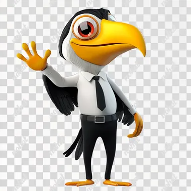 A full-body 3D animated mascot of a hornbill (rangkong) designed in a friendly and approachable style, with exaggerated features like a large, bright yellow casque on its beak, big expressive red eyes, and a slightly anthropomorphized body that stands upright. The mascot is wearing a white shirt tucked into black pants, with a visible belt buckle, symbolizing professionalism, simplicity, and elegance. The mascot retains its key black and white feather colors, with touches of bright orange on the casque. It should be depicted in a dynamic pose, with one wing raised as if waving, and a big, welcoming smile. The background should remain simple, keeping the focus on the full-body mascot.