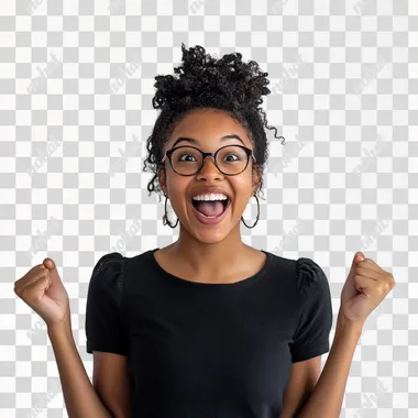 excited black young woman, white background, stock photo, shot with canon 90d