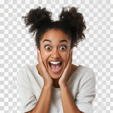 excited black young woman, white background, stock photo, shot with canon 90d