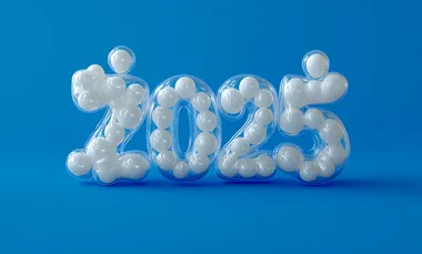 3D lettering of the word "2025", in transparent inflatable balloons, almost white color, on a blue background, without back balloons, in a minimalistic, playful, and fun design. The elements are colorful, with simple shapes, creating a cute and playful aesthetic.