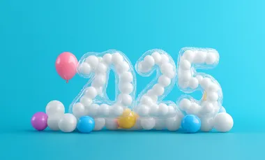 3D lettering of the word "2025", in transparent inflatable balloons, almost white color, on a blue background, without back balloons, in a minimalistic, playful, and fun design. The elements are colorful, with simple shapes, creating a cute and playful aesthetic.