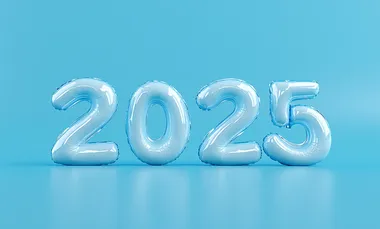 3D lettering of the word "2025", in transparent inflatable balloons, almost white color, on a blue background, without back balloons, in a minimalistic, playful, and fun design. The elements are colorful, with simple shapes, creating a cute and playful aesthetic.