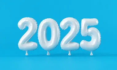 3D lettering of the word "2025", in transparent inflatable balloons, almost white color, on a blue background, without back balloons, in a minimalistic, playful, and fun design. The elements are colorful, with simple shapes, creating a cute and playful aesthetic.