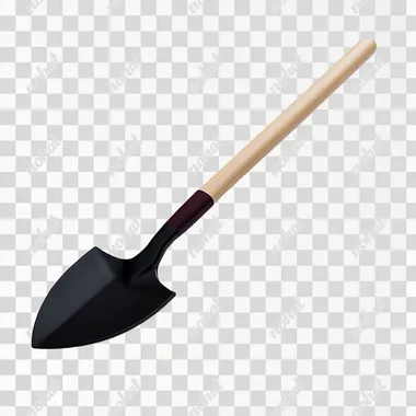 A realistic image of a garden spade with a black metal blade and a light wooden handle, featuring a maroon-colored D-grip at the end. The spade is lying flat on a pure white background with subtle shadows. The overall scene is minimalistic, and the lighting is bright, highlighting the smooth texture of the metal, wood, and D-grip handle