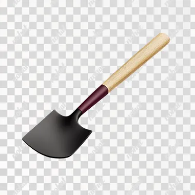 A realistic image of a garden spade with a black metal blade and a light wooden handle, featuring a maroon-colored D-grip at the end. The spade is lying flat on a pure white background with subtle shadows. The overall scene is minimalistic, and the lighting is bright, highlighting the smooth texture of the metal, wood, and D-grip handle