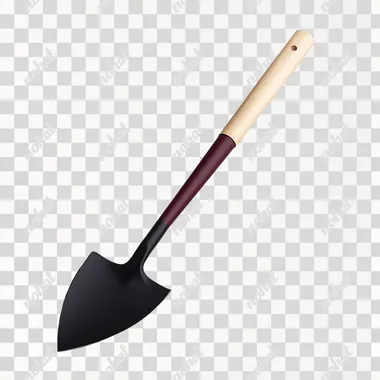 A realistic image of a garden spade with a black metal blade and a light wooden handle, featuring a maroon-colored D-grip at the end. The spade is lying flat on a pure white background with subtle shadows. The overall scene is minimalistic, and the lighting is bright, highlighting the smooth texture of the metal, wood, and D-grip handle