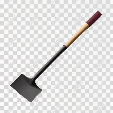 A realistic image of a garden spade with a black metal blade and a light wooden handle, featuring a maroon-colored D-grip at the end. The spade is lying flat on a pure white background with subtle shadows. The overall scene is minimalistic, and the lighting is bright, highlighting the smooth texture of the metal, wood, and D-grip handle