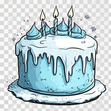 simple cartoon drawing of light blue birthday cake, Thick cartoonish black outlines, simple colors, wintery theme, white background