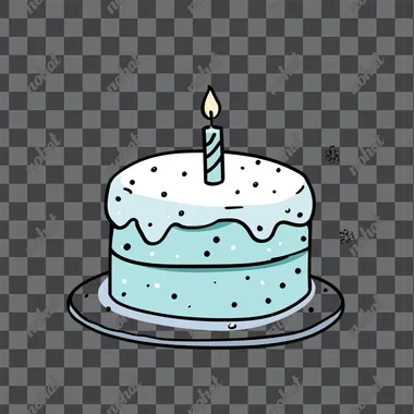 simple cartoon drawing of light blue birthday cake, Thick cartoonish black outlines, simple colors, wintery theme, white background