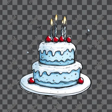 simple cartoon drawing of light blue birthday cake, Thick cartoonish black outlines, simple colors, wintery theme, white background