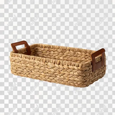real photo of an empty light brown, rectangle hyacinth gift basket with brown side handles. white background