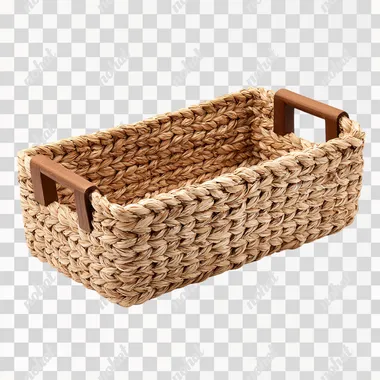 real photo of an empty light brown, rectangle hyacinth gift basket with brown side handles. white background