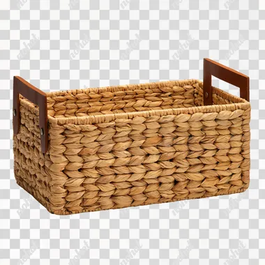 real photo of an empty light brown, rectangle hyacinth gift basket with brown side handles. white background