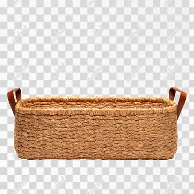 real photo of an empty light brown, rectangle hyacinth gift basket with brown side handles. white background