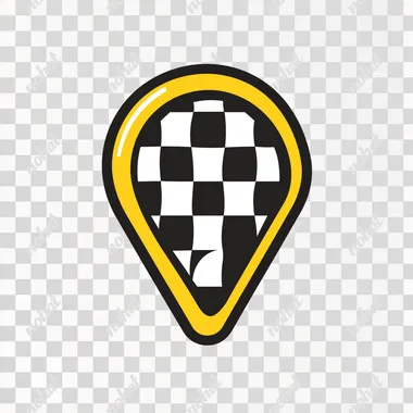 Create a modern and minimalist logo for a taxi app. The logo should feature a location pin shape with a thick yellow outline. Inside the top portion of the pin, include a black-and-white checkered pattern, reminiscent of a traditional taxi design. The logo should have a clean and simple style, with the checkered pattern symbolizing speed and reliability, and the location pin representing ease of navigation and accessibility.