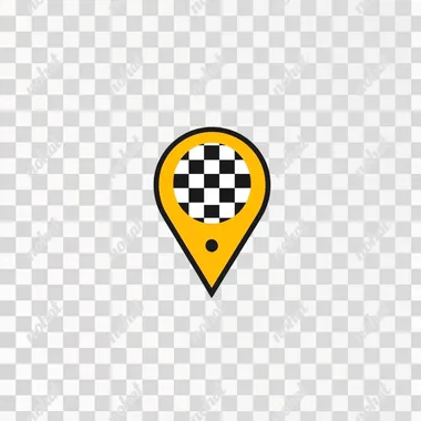 Create a modern and minimalist logo for a taxi app. The logo should feature a location pin shape with a thick yellow outline. Inside the top portion of the pin, include a black-and-white checkered pattern, reminiscent of a traditional taxi design. The logo should have a clean and simple style, with the checkered pattern symbolizing speed and reliability, and the location pin representing ease of navigation and accessibility.