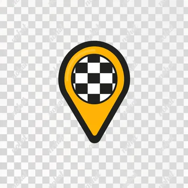 Create a modern and minimalist logo for a taxi app. The logo should feature a location pin shape with a thick yellow outline. Inside the top portion of the pin, include a black-and-white checkered pattern, reminiscent of a traditional taxi design. The logo should have a clean and simple style, with the checkered pattern symbolizing speed and reliability, and the location pin representing ease of navigation and accessibility.