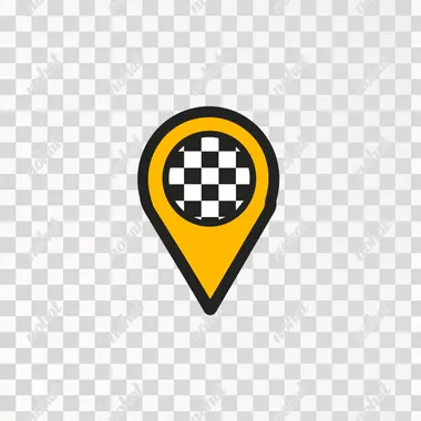 Create a modern and minimalist logo for a taxi app. The logo should feature a location pin shape with a thick yellow outline. Inside the top portion of the pin, include a black-and-white checkered pattern, reminiscent of a traditional taxi design. The logo should have a clean and simple style, with the checkered pattern symbolizing speed and reliability, and the location pin representing ease of navigation and accessibility.