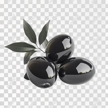 Create a high-resolution, 8K detailed, super realistic image of three glossy black olives with smooth, shiny surfaces, paired with a small branch of fresh green leaves. Highlight the vibrant contrast and natural freshness using professional photography lighting, isolated on a pristine white background for a clean and elegant presentation