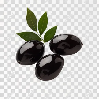 Create a high-resolution, 8K detailed, super realistic image of three glossy black olives with smooth, shiny surfaces, paired with a small branch of fresh green leaves. Highlight the vibrant contrast and natural freshness using professional photography lighting, isolated on a pristine white background for a clean and elegant presentation
