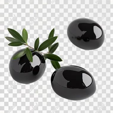 Create a high-resolution, 8K detailed, super realistic image of three glossy black olives with smooth, shiny surfaces, paired with a small branch of fresh green leaves. Highlight the vibrant contrast and natural freshness using professional photography lighting, isolated on a pristine white background for a clean and elegant presentation