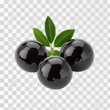 Create a high-resolution, 8K detailed, super realistic image of three glossy black olives with smooth, shiny surfaces, paired with a small branch of fresh green leaves. Highlight the vibrant contrast and natural freshness using professional photography lighting, isolated on a pristine white background for a clean and elegant presentation