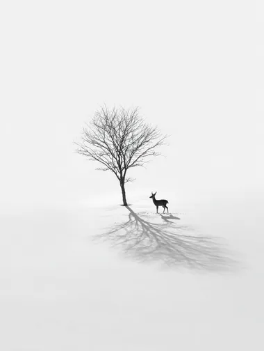 A minimalist composition of a lone deer in the snow, with the shadow of the tree standing out against the empty white background. The clean, simple lines are inspired by Hikari Shimoda's minimalist style.