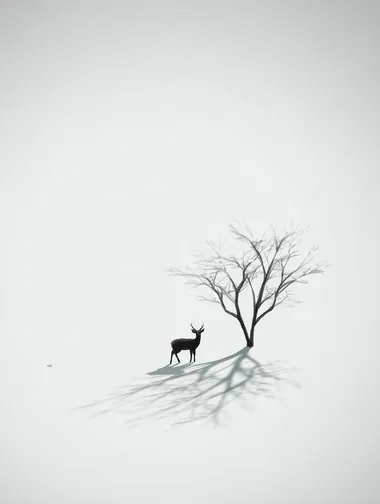 A minimalist composition of a lone deer in the snow, with the shadow of the tree standing out against the empty white background. The clean, simple lines are inspired by Hikari Shimoda's minimalist style.