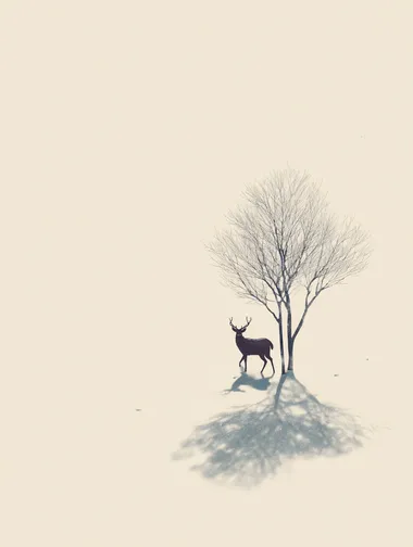 A minimalist composition of a lone deer in the snow, with the shadow of the tree standing out against the empty white background. The clean, simple lines are inspired by Hikari Shimoda's minimalist style.
