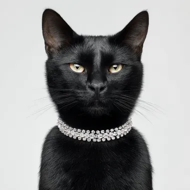An elegant black cat poses elegantly, wearing a diamond necklace around its neck. The cat has a proud, serene expression, exuding aristocratic elegance and relaxed luxury. Full body shot. igh-end fashion jewelry campaign, minimalist luxury aesthetic, ultra-detailed fur texture, soft studio lighting, professional fashion editorial style, high contrast and clarity, photographed for a luxury brand like Cartier or Tiffany & Co., ultra-realistic, 8K, cinematic product photography, centered composition, perfect symmetry, white seamless background