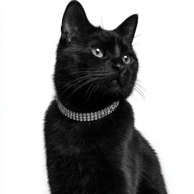An elegant black cat poses elegantly, wearing a diamond necklace around its neck. The cat has a proud, serene expression, exuding aristocratic elegance and relaxed luxury. Full body shot. igh-end fashion jewelry campaign, minimalist luxury aesthetic, ultra-detailed fur texture, soft studio lighting, professional fashion editorial style, high contrast and clarity, photographed for a luxury brand like Cartier or Tiffany & Co., ultra-realistic, 8K, cinematic product photography, centered composition, perfect symmetry, white seamless background