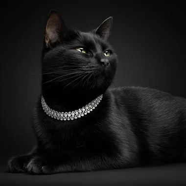 An elegant black cat poses elegantly, wearing a diamond necklace around its neck. The cat has a proud, serene expression, exuding aristocratic elegance and relaxed luxury. Full body shot. igh-end fashion jewelry campaign, minimalist luxury aesthetic, ultra-detailed fur texture, soft studio lighting, professional fashion editorial style, high contrast and clarity, photographed for a luxury brand like Cartier or Tiffany & Co., ultra-realistic, 8K, cinematic product photography, centered composition, perfect symmetry, white seamless background