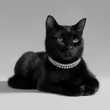 An elegant black cat poses elegantly, wearing a diamond necklace around its neck. The cat has a proud, serene expression, exuding aristocratic elegance and relaxed luxury. Full body shot. igh-end fashion jewelry campaign, minimalist luxury aesthetic, ultra-detailed fur texture, soft studio lighting, professional fashion editorial style, high contrast and clarity, photographed for a luxury brand like Cartier or Tiffany & Co., ultra-realistic, 8K, cinematic product photography, centered composition, perfect symmetry, white seamless background