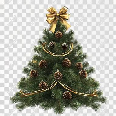 christmas tree pine needle with gold bow photographic png form