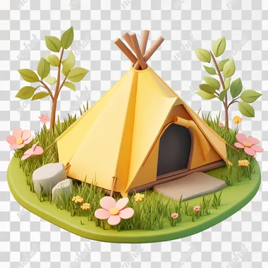 3D isometric icon, camping tent, green field with pink flowers and grass around the yellow triangular base, white background, light color theme, clay material. Cute style, simple shape, flat illustration, white clean background.  --s 250