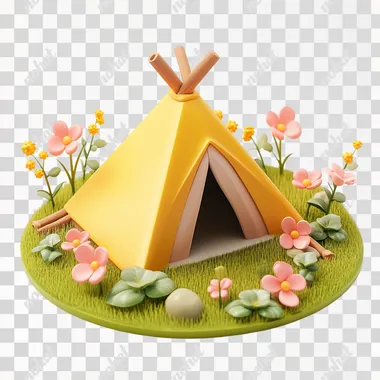 3D isometric icon, camping tent, green field with pink flowers and grass around the yellow triangular base, white background, light color theme, clay material. Cute style, simple shape, flat illustration, white clean background.  --s 250