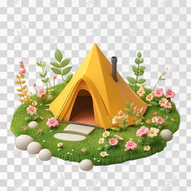 3D isometric icon, camping tent, green field with pink flowers and grass around the yellow triangular base, white background, light color theme, clay material. Cute style, simple shape, flat illustration, white clean background.  --s 250