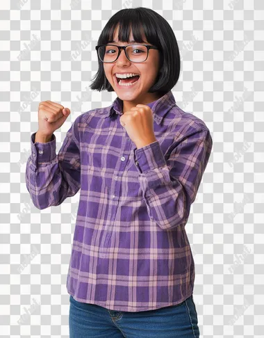 A young mexican woman wearing jeans and a purple checkered long-sleeved shirt is standing in front of the camera, with an excited expression and celebrating with a pose semi-profiled with one arm crossed and with the other arm he makes a flea-up gesture . She has short black hair and slightly straight bangs with glasses. The background color is white to highlight him. Capture the moment when she's conveying joy as if something interesting or amazing had just landed on it, in the style of Canon EOS R5.
